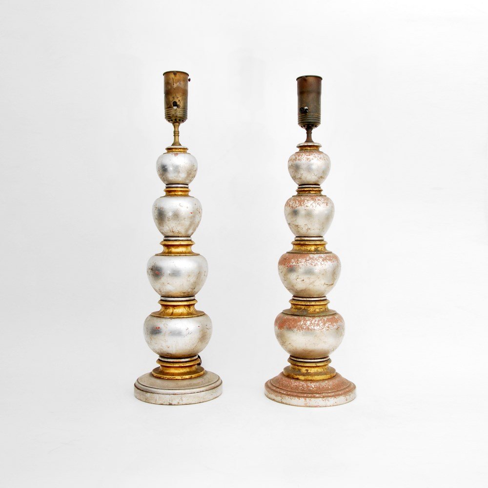 Pair of Frederick Cooper Lamps: Designer & Manufacturer: Frederick Cooper Markings: none Country of Origin & Materials: USA; wood Additional Information & Circa: Pair of silvered lamps by Frederick Cooper. (Key Word Search: James Mo