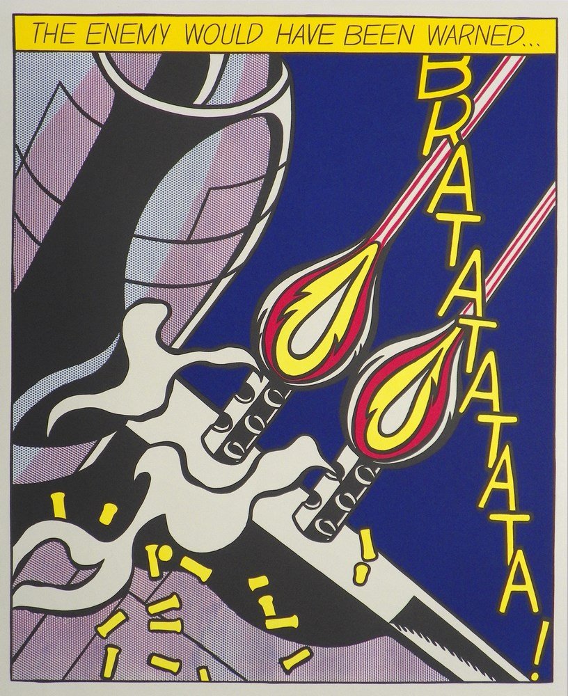 Roy Lichtenstein "As I Opened Fire…" Triptych: Designer & Manufacturer: Roy Lichtenstein Markings: marked Country of Origin & Materials: American; paper Additional Information & Circa: Triptych "As I Opened Fire…" offset color lithograph by Roy