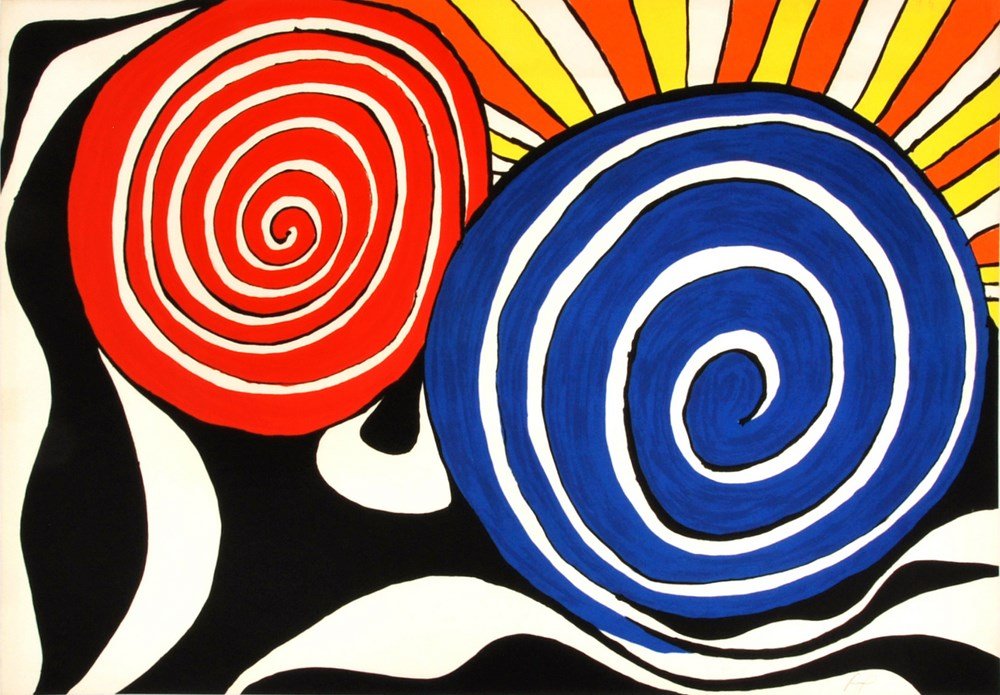 Alexander Calder "Red & Blue With Sun" Lithograph: Designer & Manufacturer: Alexander Calder Markings: A.P.; 1975 Country of Origin & Materials: American; Arches paper Additional Information & Circa: Red and Blue With Sun lithograph by Alexander Calde