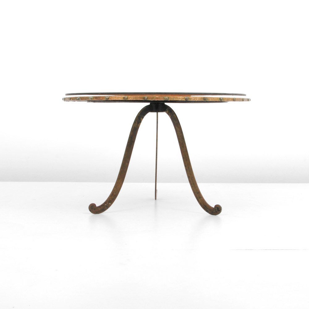 French Hand Pounded Copper Occasional Table: Markings: none Country of Origin & Materials: France; metal, glass Additional Information & Circa: French occasional table with hand pounded copper surface. (Key Word Search: French, Maison Bagues / C