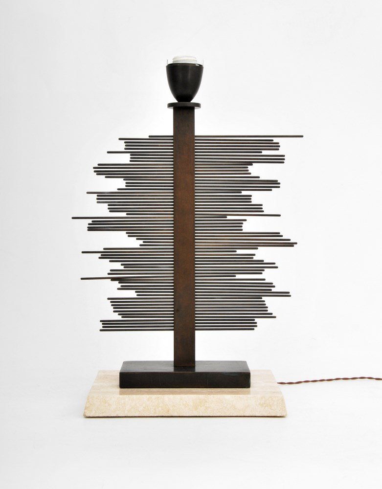 Sculptural Metal Rod Table Lamp: Markings: none Country of Origin & Materials: unknown; travertine, metal Additional Information & Circa: Table lamp with adjustable metal prongs and travertine base. (Key Word Search: French, Maison B