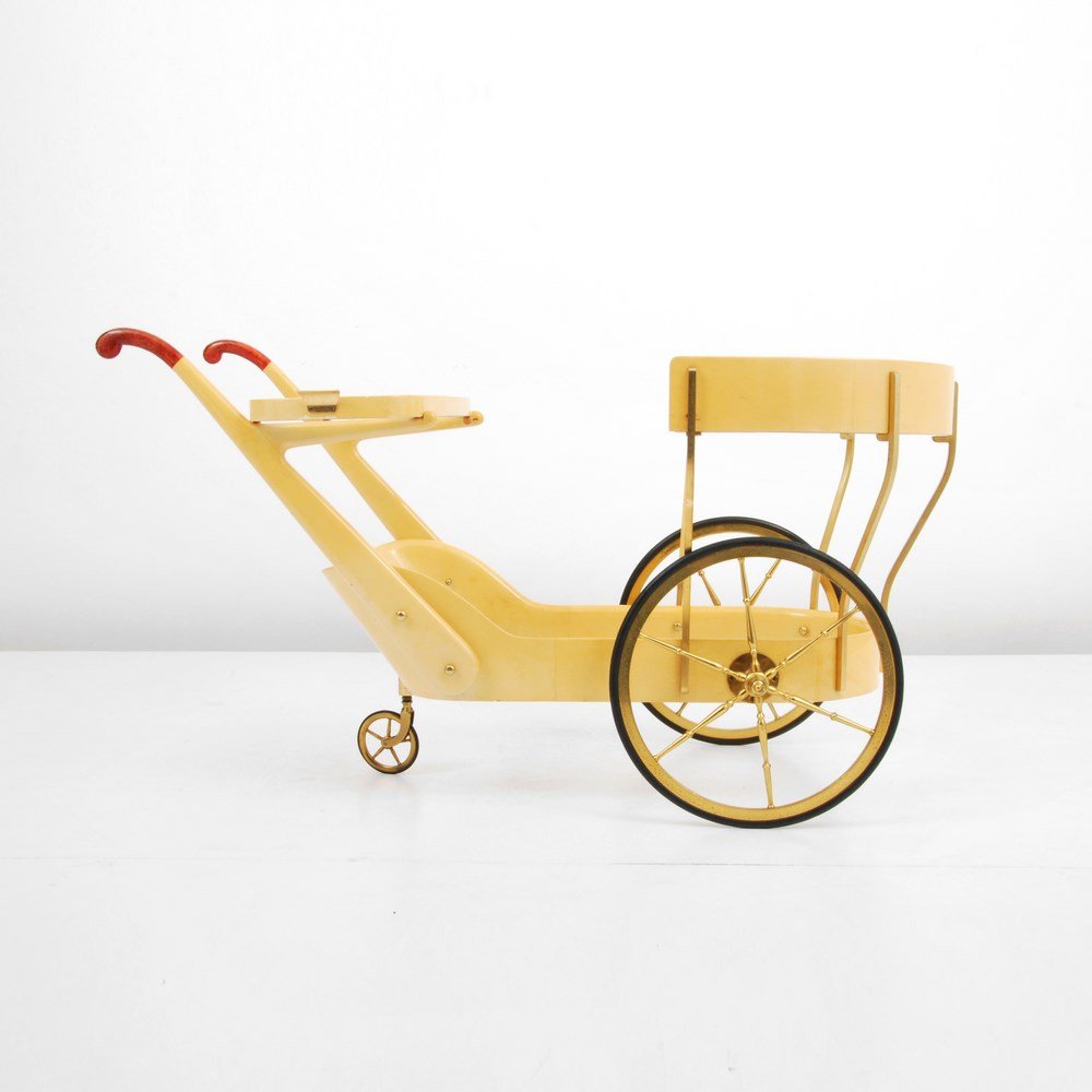 Aldo Tura Bar Cart: Designer & Manufacturer: Aldo Tura Markings: none Country of Origin & Materials: Italy; brass, lacquered goatskin Additional Information & Circa: Lacquered goatskin bar cart on wheels with removable t