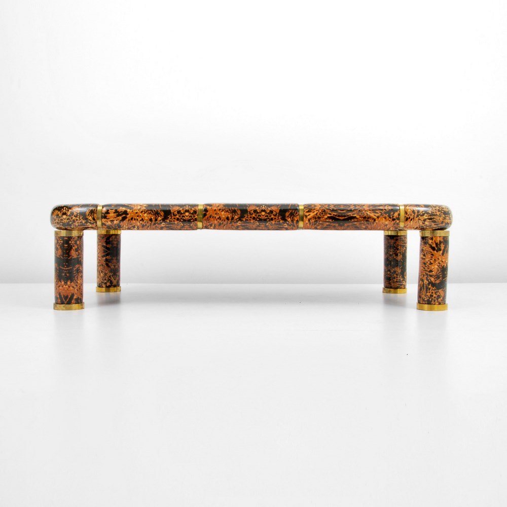Tommaso Barbi Cocktail Table: Designer & Manufacturer: Tommaso Barbi Markings: none Country of Origin & Materials: Italy; brass, mirror, wood Additional Information & Circa: Faux finish cocktail table with brass accents by Tommaso