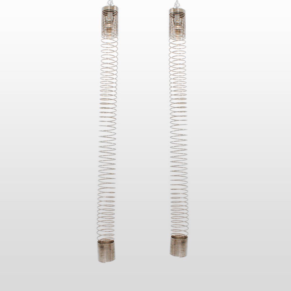 Pair of Angelo Mangiarotti "Spirale" Pendant Lights: Designer & Manufacturer: Angelo Mangiarotti; Candle Markings: none Country of Origin & Materials: Italy; chrome-plated steel Additional Information & Circa: Pair of "Spirale" pendant lights by Angelo 