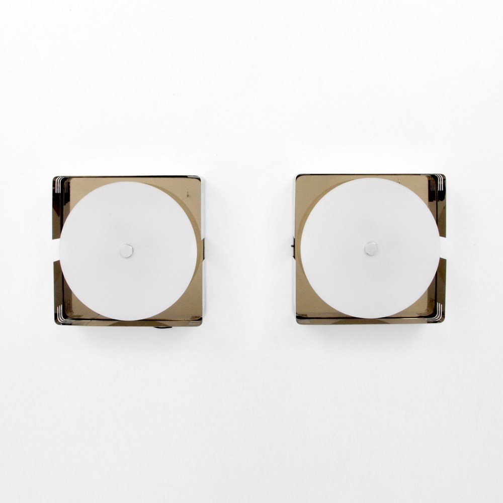 Pair of Italian Sconces: Markings: none Country of Origin & Materials: Italy; metal, glass Additional Information & Circa: Pair of Italian sconces. (Key Word Search: Fontana Arte, Sciolari, Venini, Barovier & Toso, Archimede 