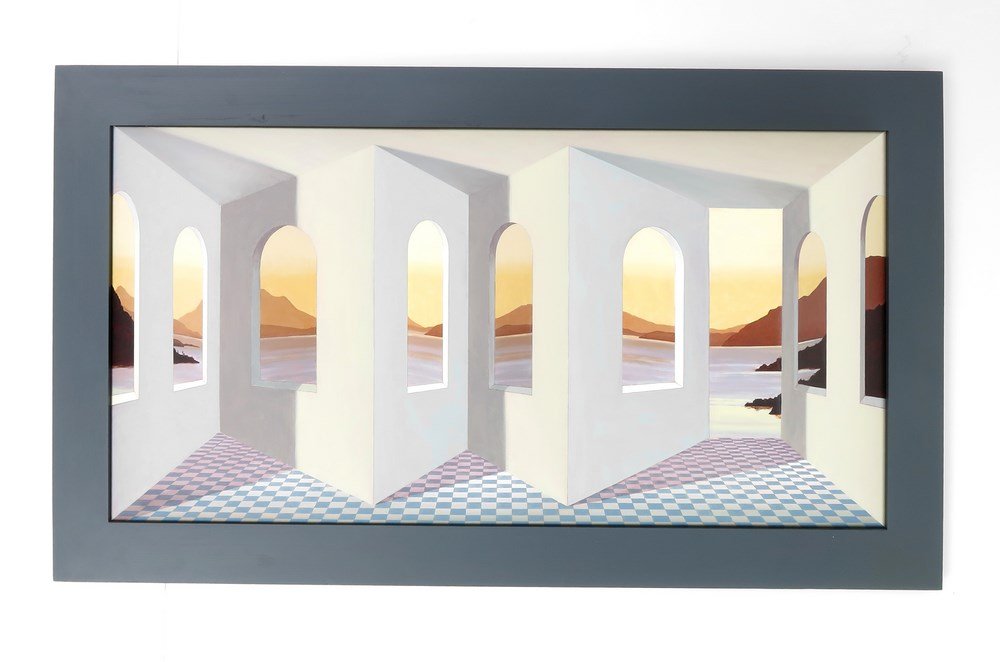 Patrick Hughes "Windows On The World", Original Work: Designer & Manufacturer: Patrick Hughes Markings: signed; dated 1997 Country of Origin & Materials: English; board Additional Information & Circa: "Windows On The World" painting on constructed form/w