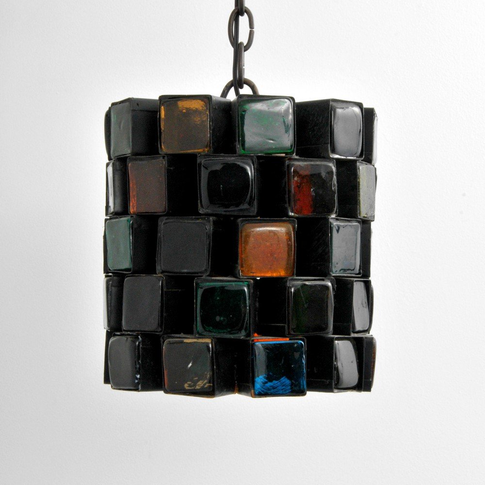 Pendant Light With Multi-Colored Glass Inserts: Markings: none Country of Origin & Materials: unknown; iron, glass Additional Information & Circa: Pendant light with multi-colored glass inserts. (Key Word Search: George Nakashima, Isamu Noguchi, Cr