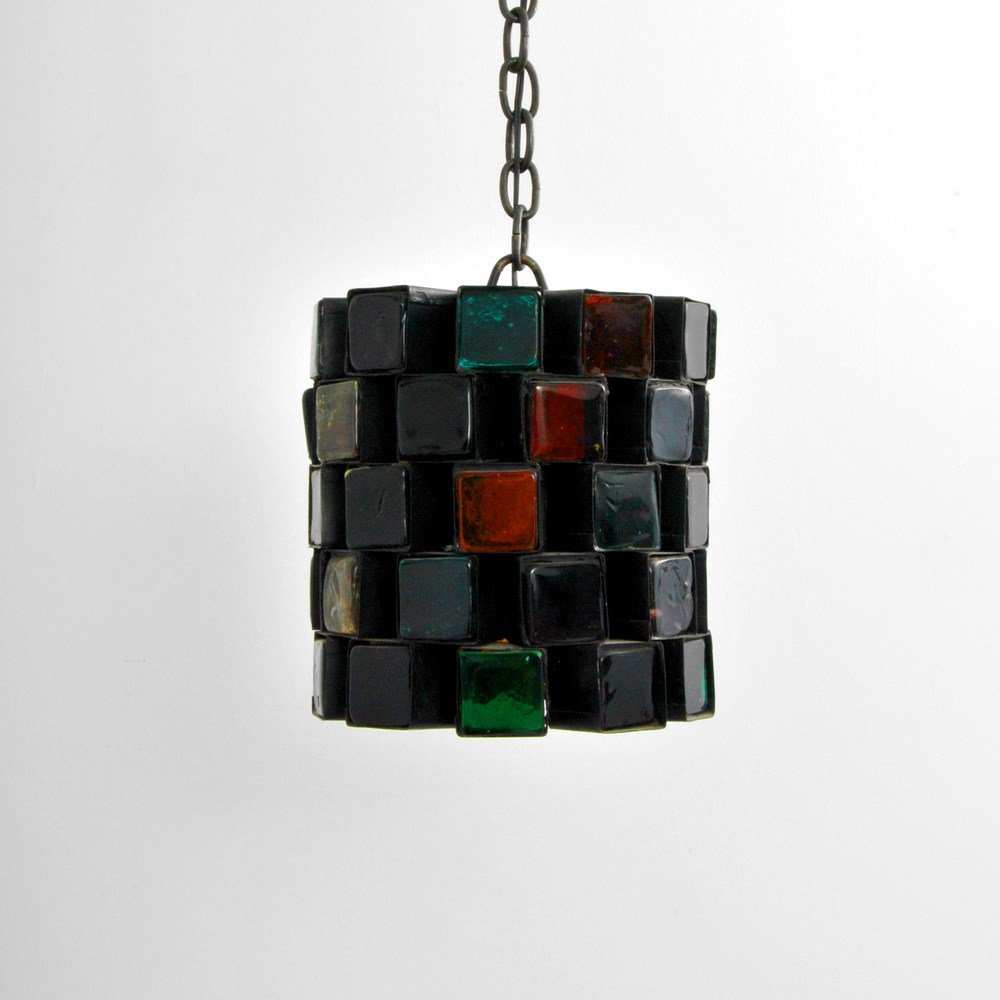 Pendant Light With Multi-Colored Glass Inserts: Markings: none Country of Origin & Materials: unknown; iron, glass Additional Information & Circa: Pendant light with multi-colored glass inserts. (Key Word Search: George Nakashima, Isamu Noguchi, Cr