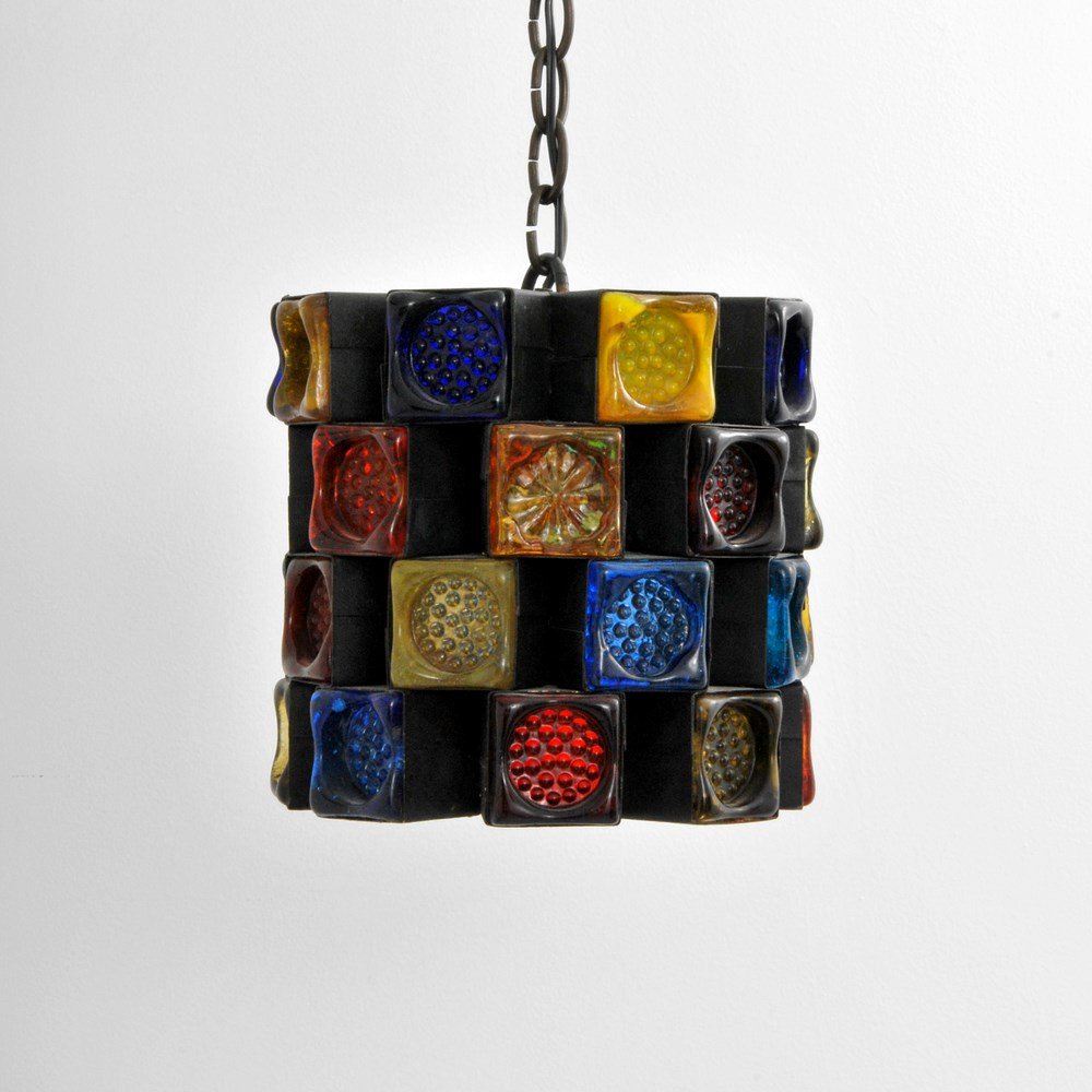 Pendant Light With Multi-Colored Glass Inserts: Markings: none Country of Origin & Materials: unknown; iron, glass Additional Information & Circa: Pendant light with multi-colored glass inserts. (Key Word Search: George Nakashima, Isamu Noguchi, Cr