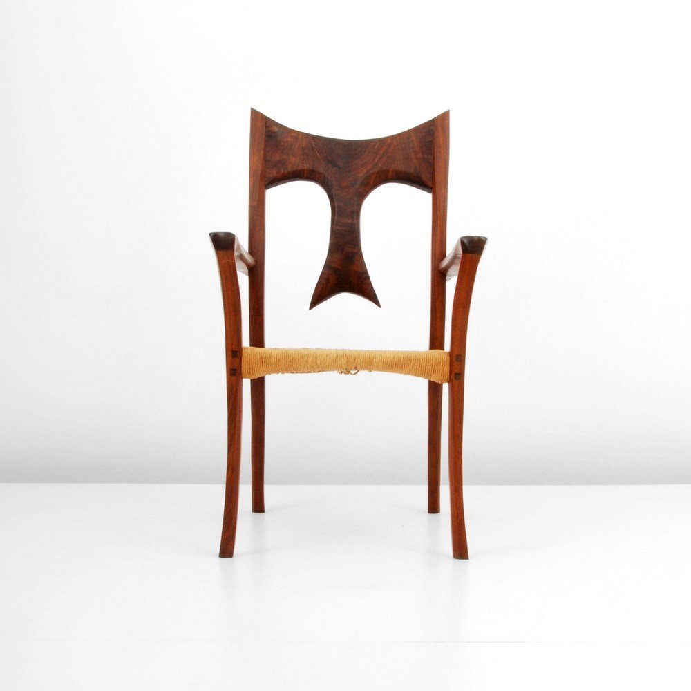 American Studio Movement Chair: Markings: none Country of Origin & Materials: USA; wood, rush Additional Information & Circa: American Studio movement arm chair with through tenons. (Key Word Search: George Nakashima, Isamu Noguchi,
