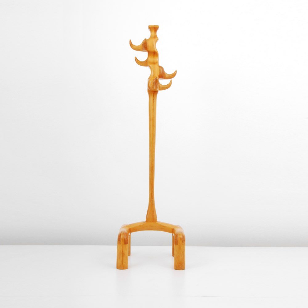 American Studio Movement Coat Rack, Signed: Designer & Manufacturer: Donald Leporini; The Wood Joint Markings: marked Country of Origin & Materials: USA; wood Additional Information & Circa: American studio movement coat rack by Donald Leporini