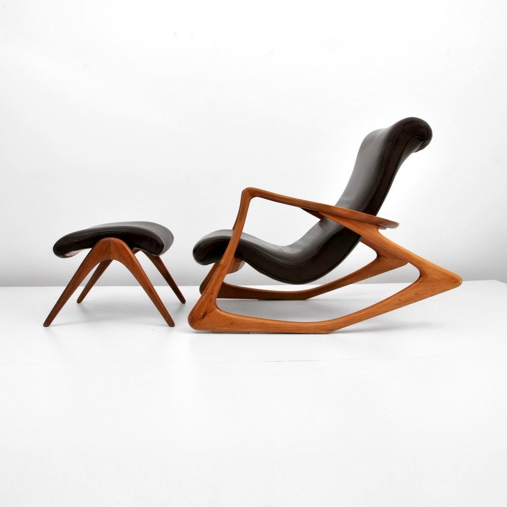 Vladimir Kagan "Contour" Rocking Chair & Ottoman: Designer & Manufacturer: Vladimir Kagan; Vladimir Kagan Designs Inc. Markings: none Country of Origin & Materials: USA; walnut, leather Additional Information & Circa: Contour rocking chair (Model No.