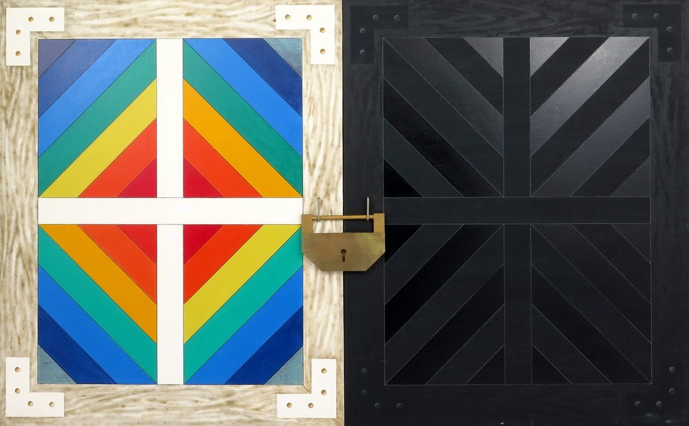 Monumental Yoshio Sekine "Gate" Mixed Media: Designer & Manufacturer: Yoshio Sekine Markings: signed Country of Origin & Materials: Japanese; canvas, wood, other Additional Information & Circa: Monumental mixed media work by Yoshio Sekine (1922-