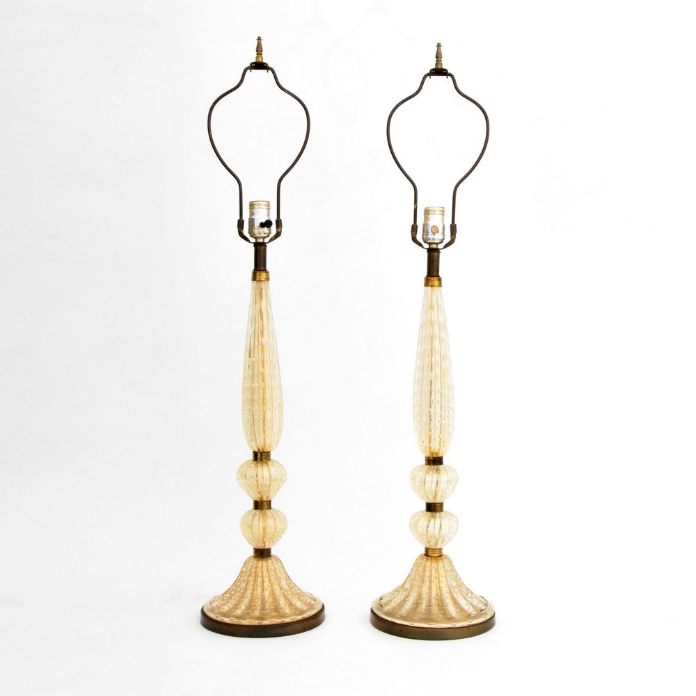 Pair of Lamps Attributed to Barovier & Toso: Designer & Manufacturer: Barovier & Toso, Attributed Markings: none Country of Origin & Materials: Italy; glass, metal Additional Information & Circa: Pair of lamps with gold aventurine and bubbles th