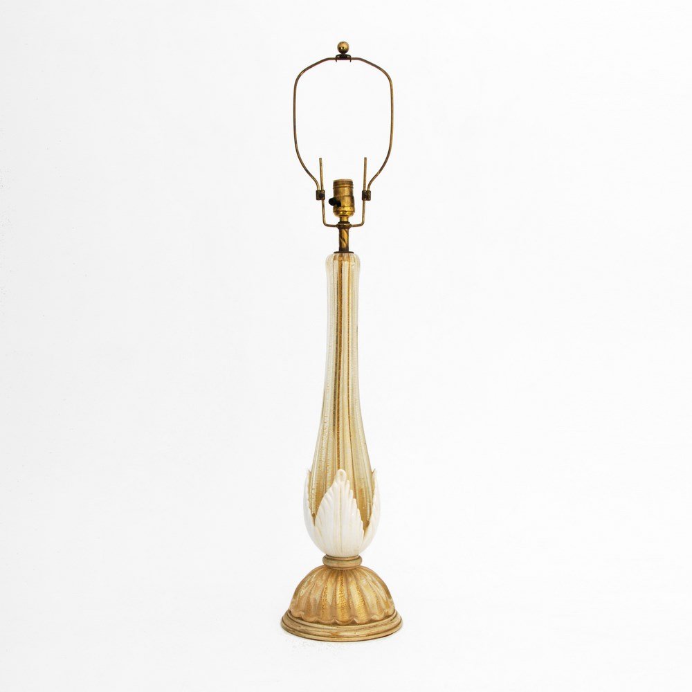 Lamp Attributed to Barovier & Toso: Designer & Manufacturer: Barovier & Toso, Attributed Markings: none Country of Origin & Materials: Italy; glass, metal Additional Information & Circa: Lamp with gold aventurine throughout and applied 