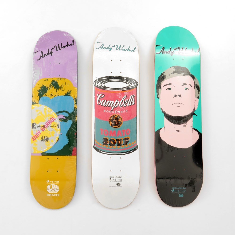 Set of 3 Skateboard Decks by Andy Warhol (After): Designer & Manufacturer: Andy Warhol; Alien Workshop Markings: marked Country of Origin & Materials: American; wood Additional Information & Circa: Set of three skateboard decks by Andy Warhol (after)
