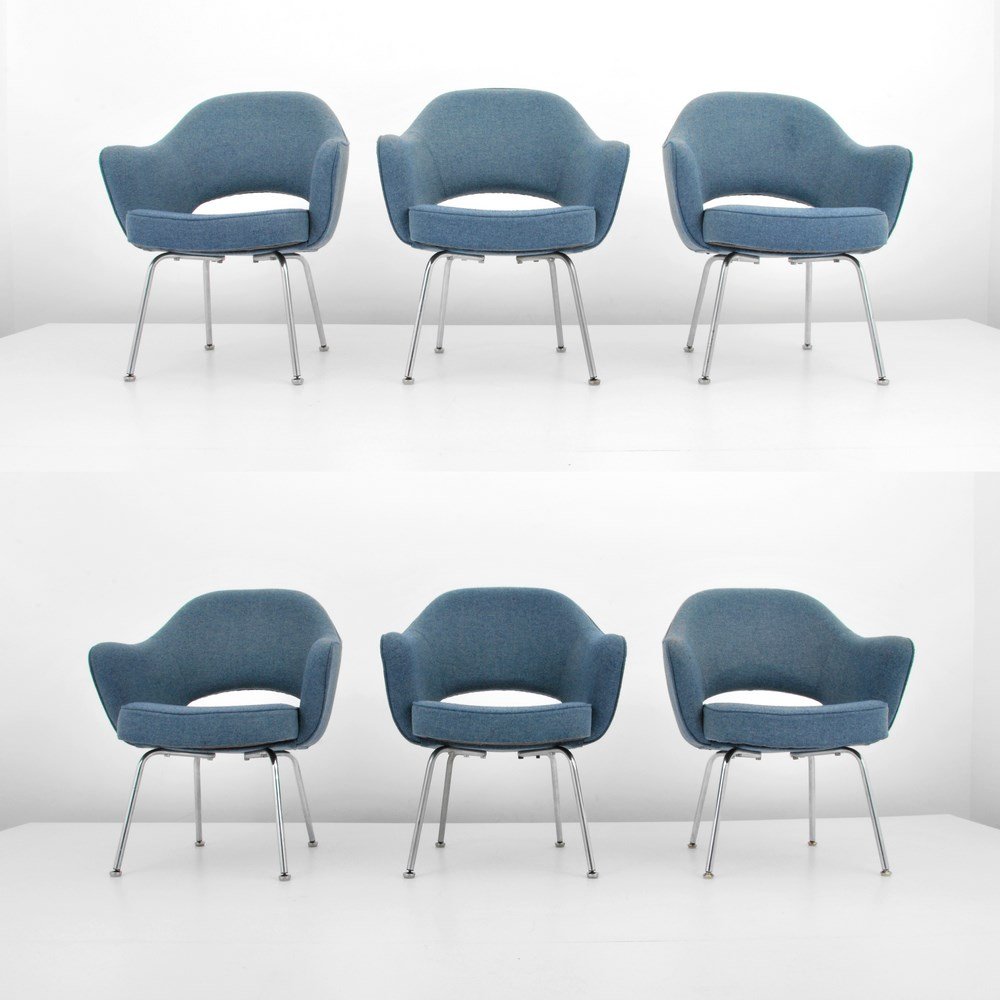 Eero Saarinen Chairs, Set of 6: Designer & Manufacturer: Eero Saarinen; Knoll International Markings: none Country of Origin & Materials: USA; chromed metal, upholstery Additional Information & Circa: Set of six dining/office chairs