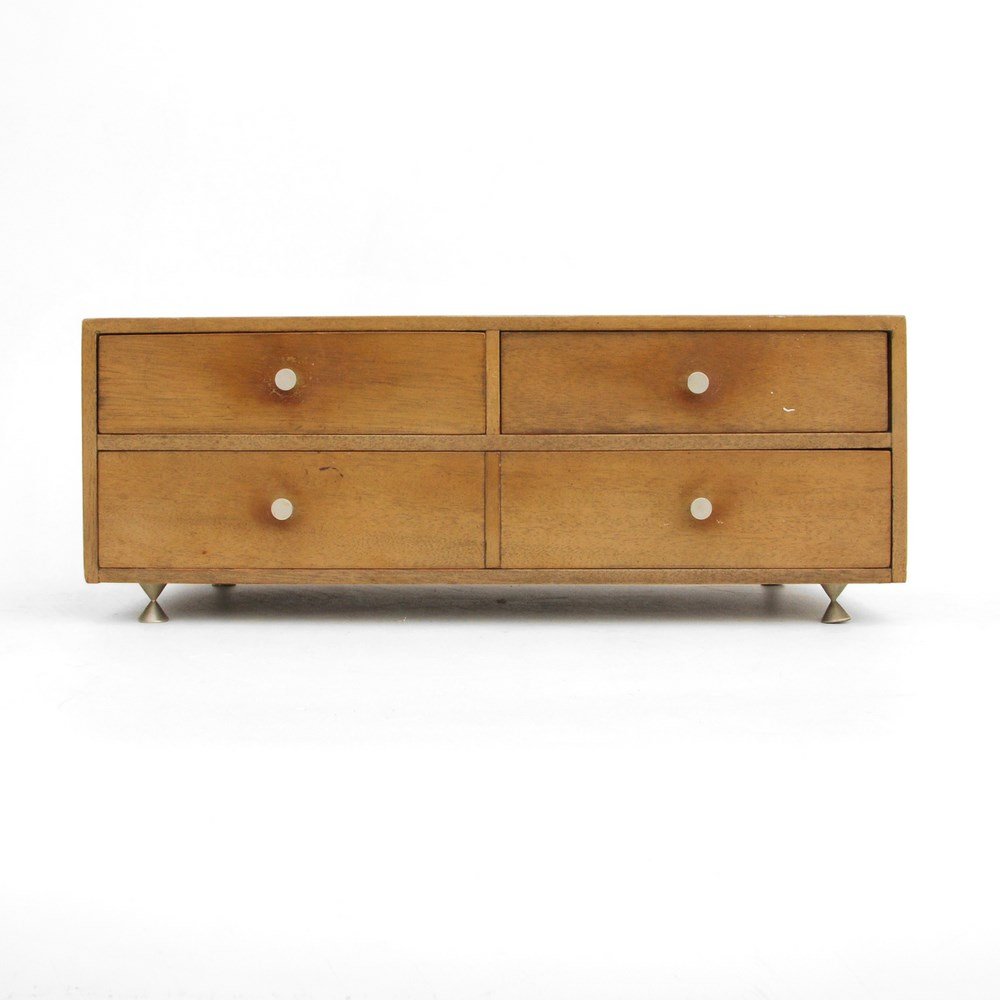 Paul Mccobb Jewelry Chest: Designer & Manufacturer: Paul Mccobb Markings: none Country of Origin & Materials: USA; wood, metal Additional Information & Circa: Jewelry chest with three drawers by Paul Mccobb. (Key Word Search: H