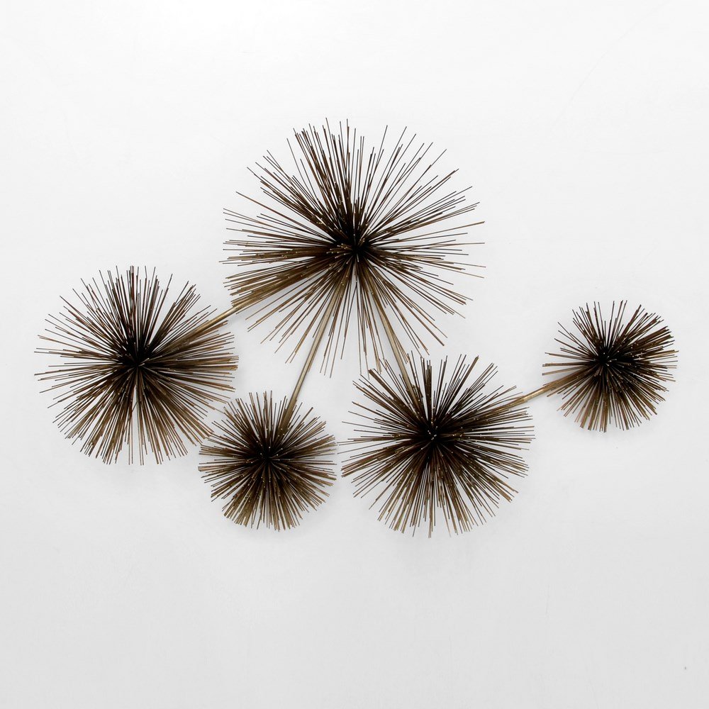 Curtis Jere "Pom-Pom" Wall Sculpture: Designer & Manufacturer: Curtis Jere; Artisan House Markings: marked Country of Origin & Materials: USA; metal Additional Information & Circa: "Pom-Pom/Urchin" wall sculpture with five pom-poms by Cur