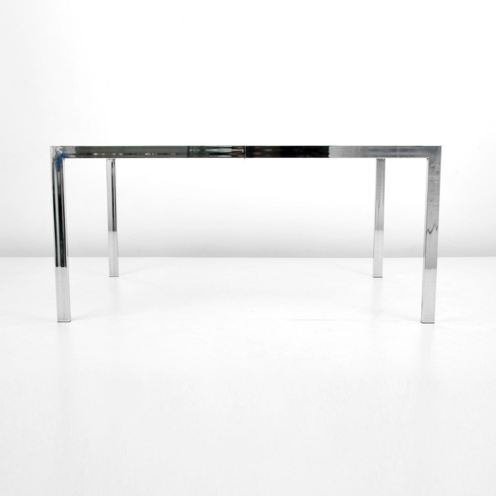 Milo Baughman Dining Table, 2 Leaves: Designer & Manufacturer: Milo Baughman; Thayer Coggin Markings: none Country of Origin & Materials: USA; glass, chromed metal Additional Information & Circa: Dining table with two 20" leaves by Milo B