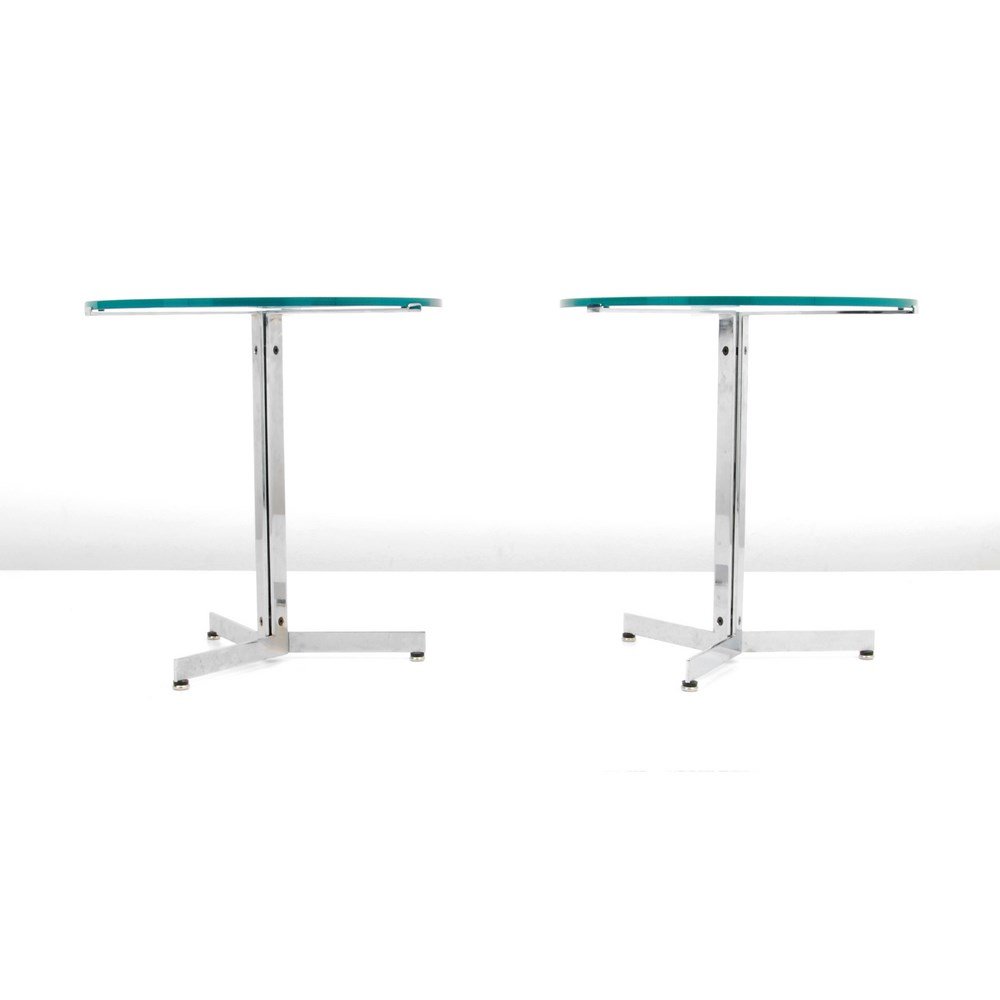 Pair of Hans Eichenberger "Alpha" End/Side Tables: Designer & Manufacturer: Hans Eichenberger; Strassle Markings: none Country of Origin & Materials: Switzerland; chromed metal, glass Additional Information & Circa: Pair of "Alpha" side/end tables by