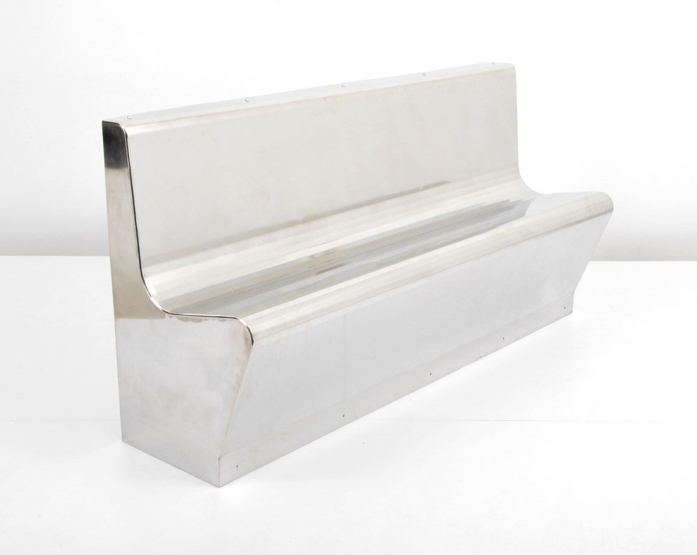 Stainless Steel Bench, Tampa Florida Courthouse: Markings: none Country of Origin & Materials: USA; stainless steel Additional Information & Circa: Stainless steel bench from the Tampa, Florida courthouse. (Key Word Search: Milo Baughman, Pace Colle