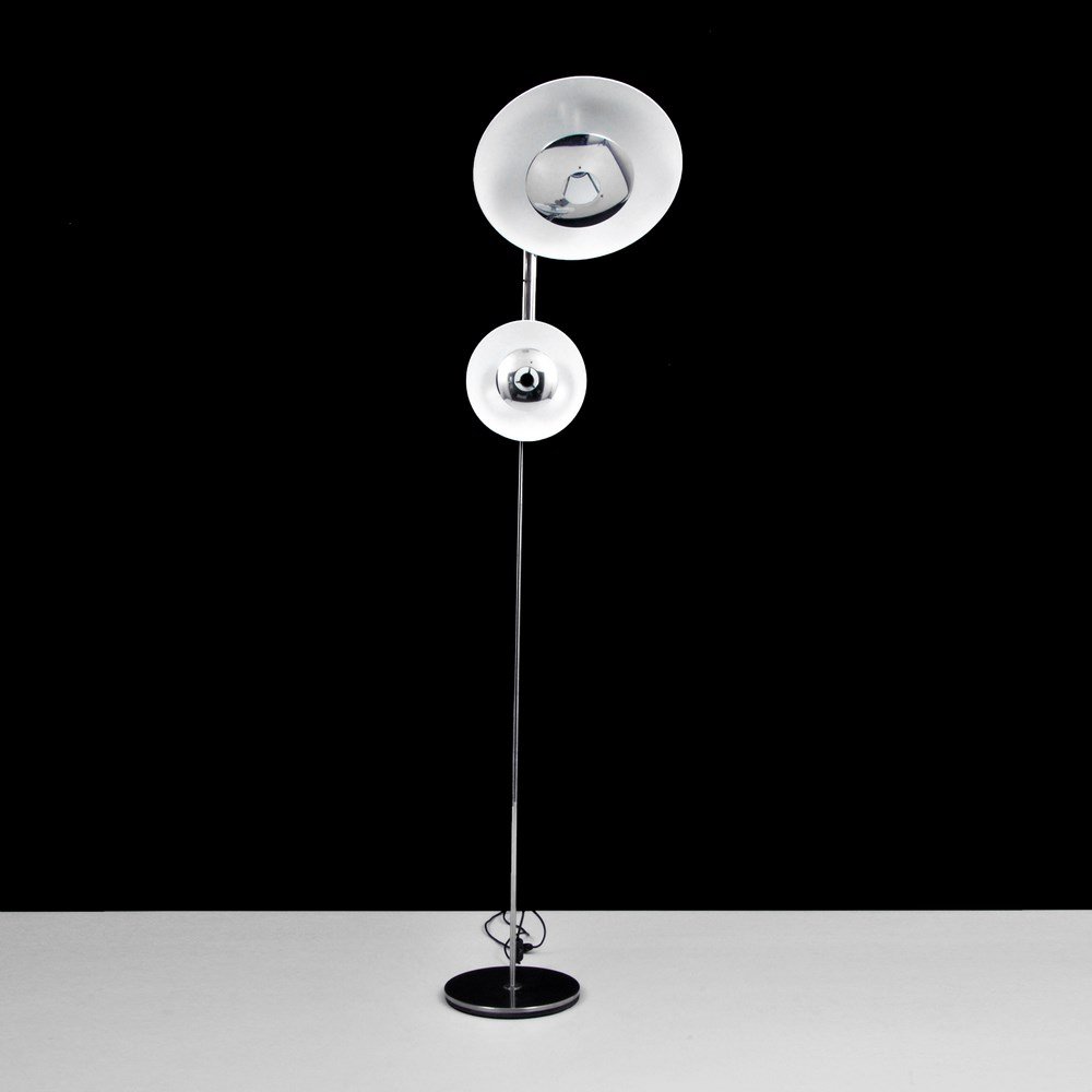 Floor Lamp in the Manner of Robert Sonneman: Designer & Manufacturer: Robert Sonneman, Manner of Markings: none Country of Origin & Materials: unknown; chromed and enameled metal Additional Information & Circa: Floor lamp in the manner of Robert