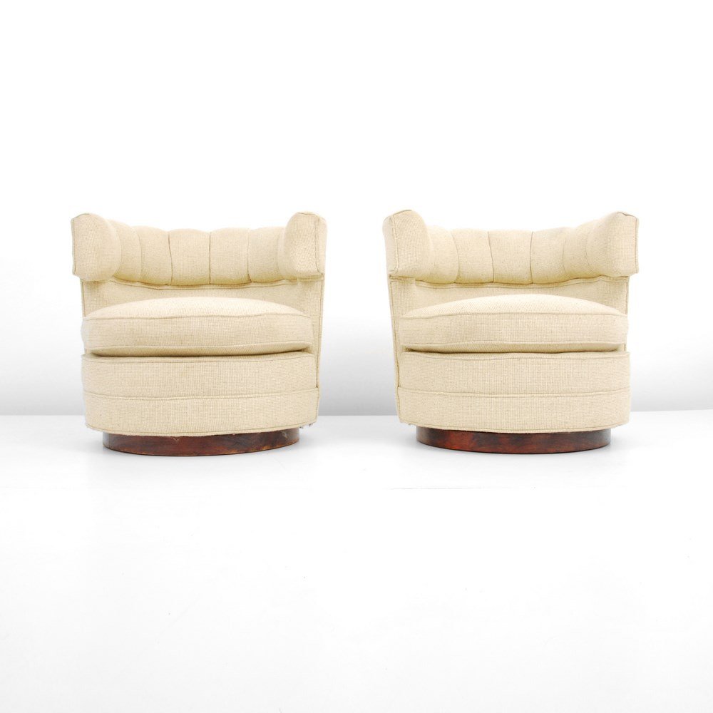 Pair of Milo Baughman Swivel Chairs: Designer & Manufacturer: Milo Baughman; Thayer Coggin Markings: marked Country of Origin & Materials: USA; upholstery, wood Additional Information & Circa: Pair of swivel lounge chairs by Thayer Coggi
