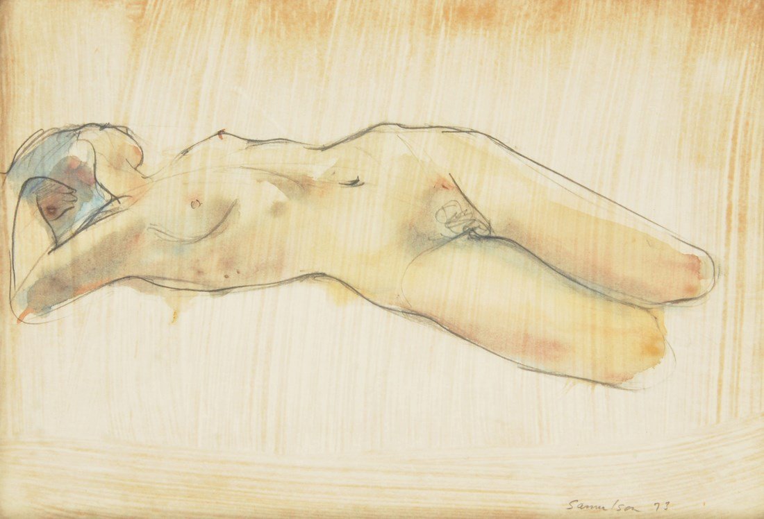 Bruce Samuelson Drawing, Original Work: Designer & Manufacturer: Bruce Samuelson Markings: signed; 1973 Country of Origin & Materials: American; paper or board Additional Information & Circa: Female nude drawing by Bruce Samuelson. (Key Wor