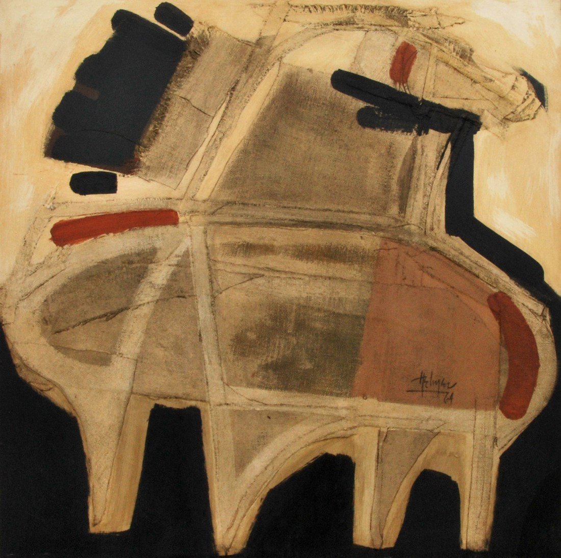 Robert Helmer Painting, Original Work: Designer & Manufacturer: Robert Helmer Markings: signed; 1965 Country of Origin & Materials: American; mixed media on board Additional Information & Circa: Abstract painting by Robert Helmer (1922 - 1