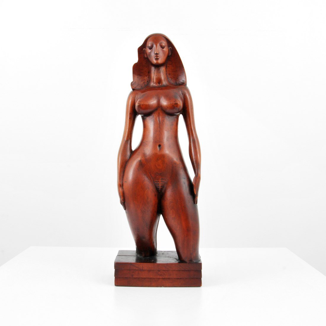 Carved Wood Female Nude Sculpture: Markings: marked Country of Origin & Materials: unknown; wood Additional Information & Circa: Carved wood female nude sculpture, unknown mark. (Key Word Search: Kai Nielsen, Edvard Eriksen, Botero, Mo