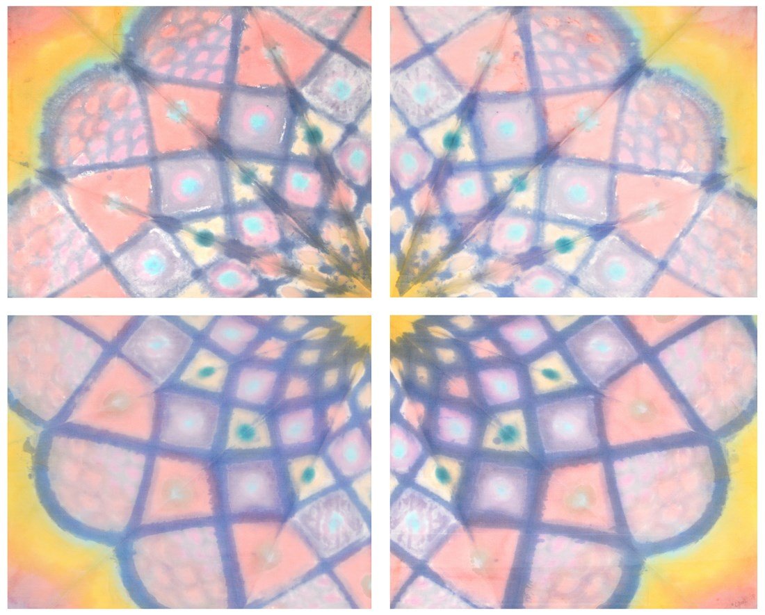 Large Tie Dye Quadriptych, Original Work: Designer & Manufacturer: illegible Markings: signed; 1974 Country of Origin & Materials: unknown; fabric Additional Information & Circa: Large signed pop art tie-dye quadriptych (4-panels). (Key Word 