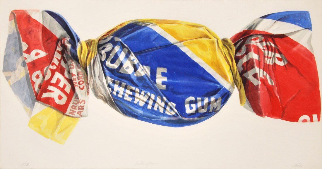 Don Nice 'Bubble Gum' Watercolor, Original Work: Designer & Manufacturer: Don Nice Markings: signed; 1973 Country of Origin & Materials: American; paper Additional Information & Circa: Watercolor painting 'Bubble Gum' in a finished corner metal fram