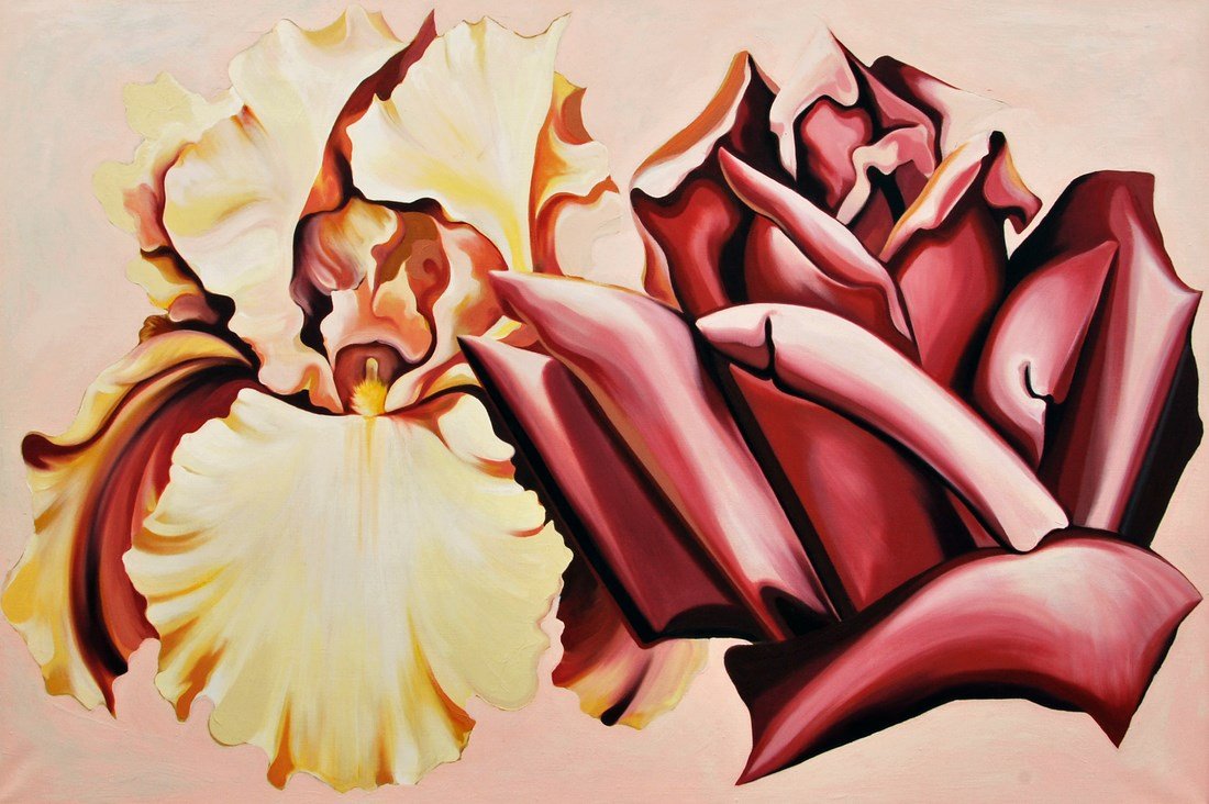 Large Lowell Nesbitt 'Iris & Rose' Painting: Designer & Manufacturer: Lowell Nesbitt Markings: signed; 1978 Country of Origin & Materials: American; canvas Additional Information & Circa: Large 'Iris & Rose' painting by Lowell Nesbitt (1933-1993