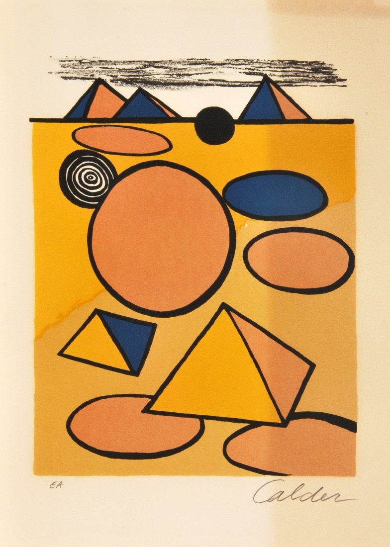 Alexander Calder 'Pyramids' Lithograph, Signed Artist: Designer & Manufacturer: Alexander Calder Markings: signed; artist proof Country of Origin & Materials: American; paper Additional Information & Circa: Framed lithograph 'Pyramids' by Alexander Calder