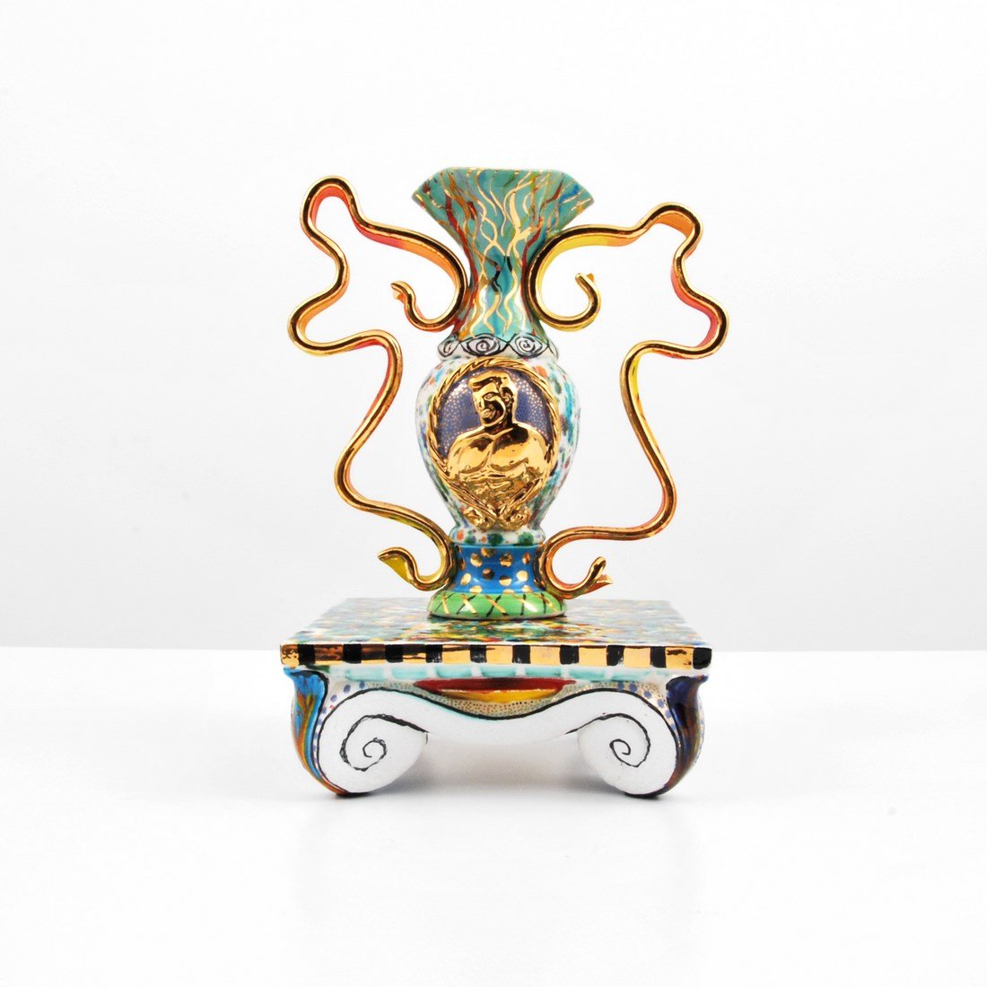 Phillip Maberry Vase & Stand: Designer & Manufacturer: Phillip Maberry Markings: marked; dated 1990 Country of Origin & Materials: USA; pottery Additional Information & Circa: Finely detailed handled vase and stand by Phillip Mabe