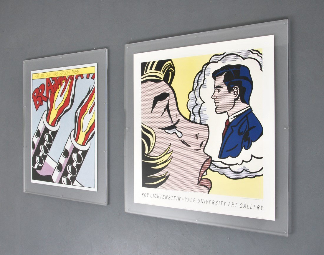 Two Framed Roy Lichtenstein Prints: Designer & Manufacturer: Roy Lichtenstein Markings: marked Country of Origin & Materials: American; paper Additional Information & Circa: Two prints each mounted between two oversized, heavy sheets of
