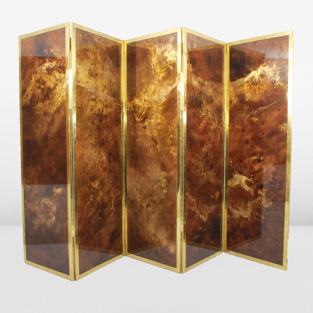 Guy Lefevre 5-Panel Screen/Room Divider: Designer & Manufacturer: Guy Lefevre; Maison Jansen Markings: none Country of Origin & Materials: USA; France; brass, wood Additional Information & Circa: Rare 5-panel screen, gold inclusion technique
