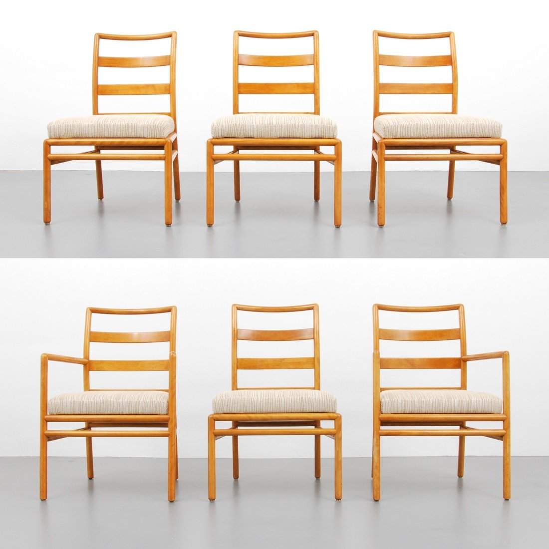 T.H. Robsjohn-Gibbings Dining Chairs: Designer & Manufacturer: T.H. Robsjohn-Gibbings; Widdicomb Markings: marked Country of Origin & Materials: USA; maple, upholstery Additional Information & Circa: Set of six dining chairs, two with arm