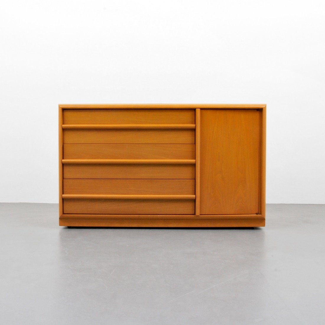 T.H. Robsjohn-Gibbings Cabinet: Designer & Manufacturer: T.H. Robsjohn-Gibbings; Widdicomb Markings: marked Country of Origin & Materials: USA; walnut, glass Additional Information & Circa: Two-piece cabinet; lower cabinet with thre