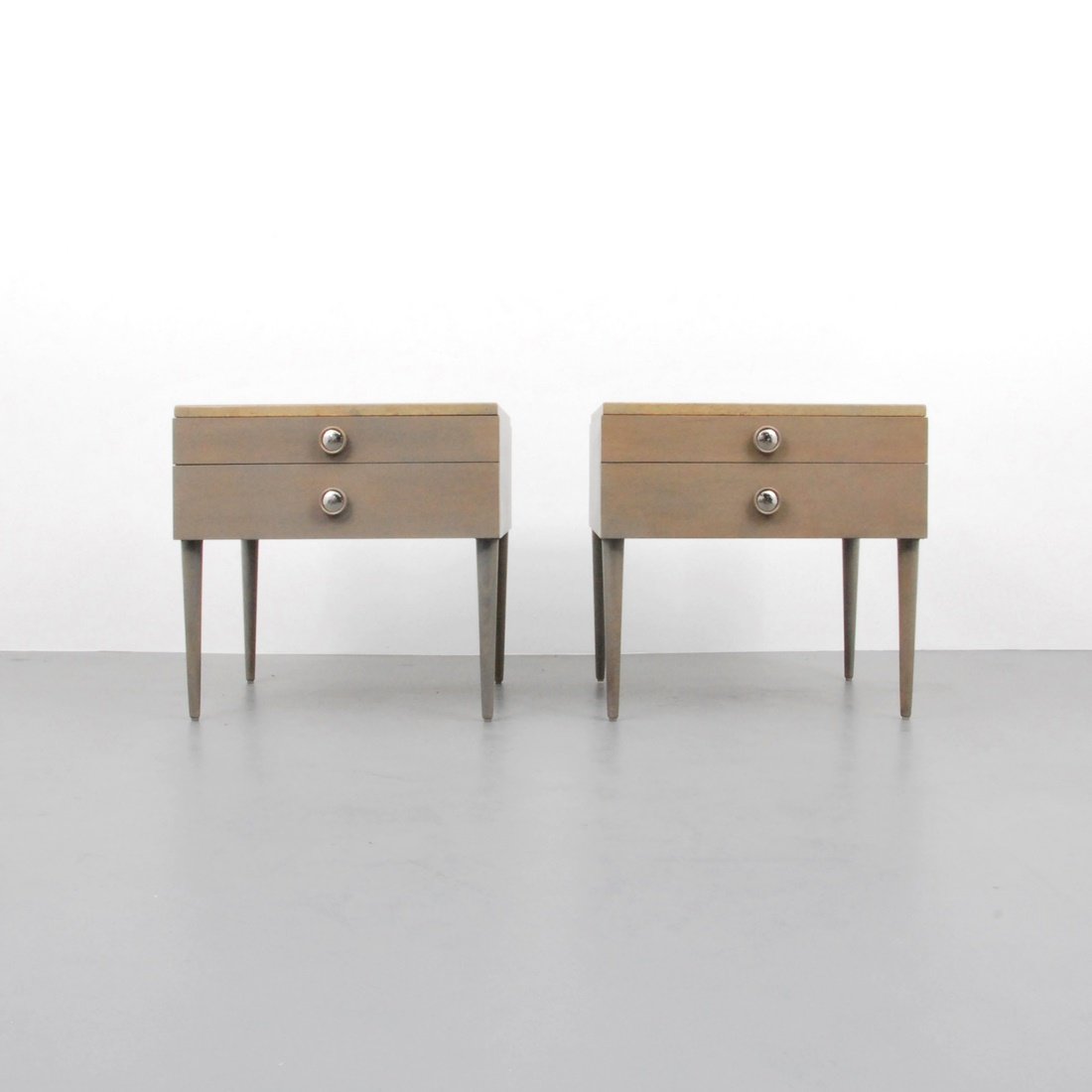 Paul Frankl Nightstands/End Tables: Designer & Manufacturer: Paul Frankl; Johnson Furniture Co. Markings: marked Country of Origin & Materials: USA; wood, cork, metal Additional Information & Circa: Pair of nightstands/end tables with t