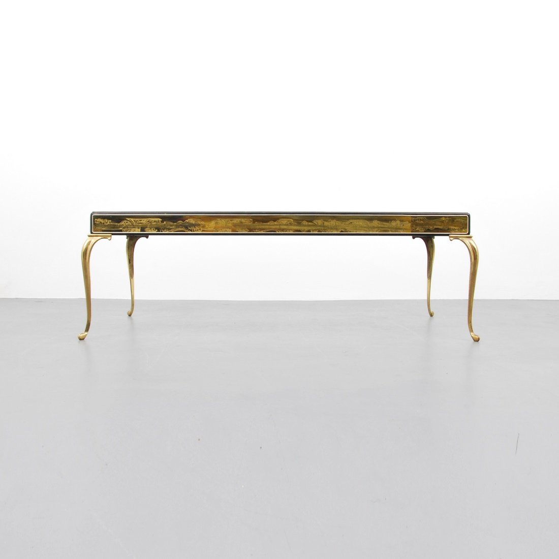Bernhard Rohne Coffee Table: Designer & Manufacturer: Bernhard Rohne; Mastercraft Markings: none Country of Origin & Materials: USA; brass Additional Information & Circa: Cocktail table with etched brass design by Bernhard Rohne.