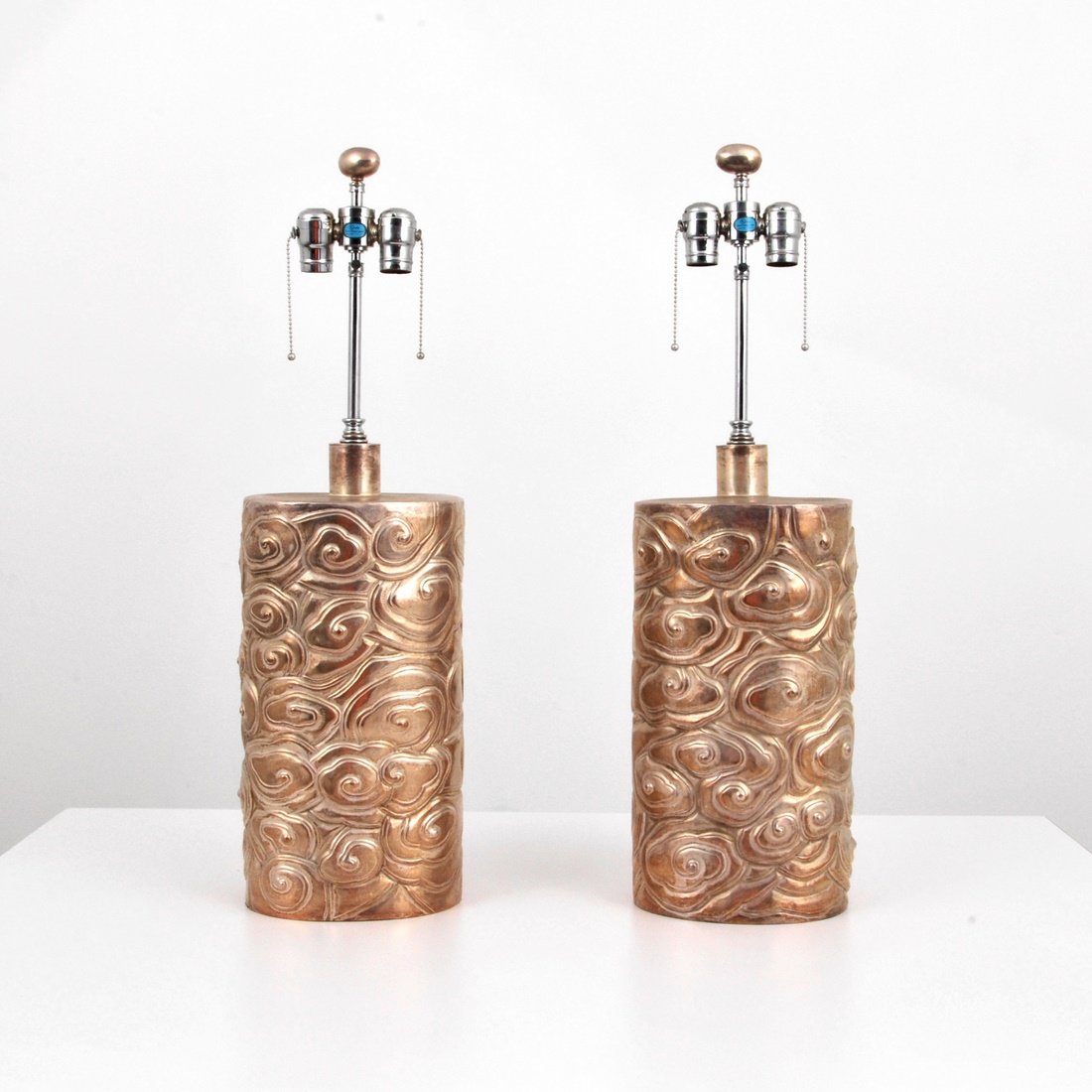 Sculptural Lamps, Manner of James Mont: Designer & Manufacturer: James Mont, Manner of Markings: marked Country of Origin & Materials: unknown; wood, metal Additional Information & Circa: Pair of sculptural lamps in the manner of James Mont