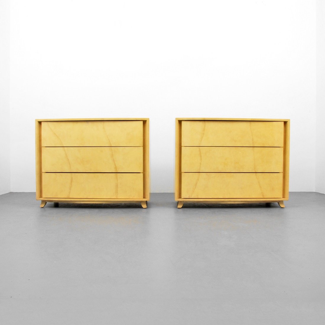 Gilbert Rohde Parchment Chests: Designer & Manufacturer: Gilbert Rohde; Herman Miller Markings: marked Country of Origin & Materials: USA; parchment, wood Additional Information & Circa: Pair of chests/dressers, each with three draw