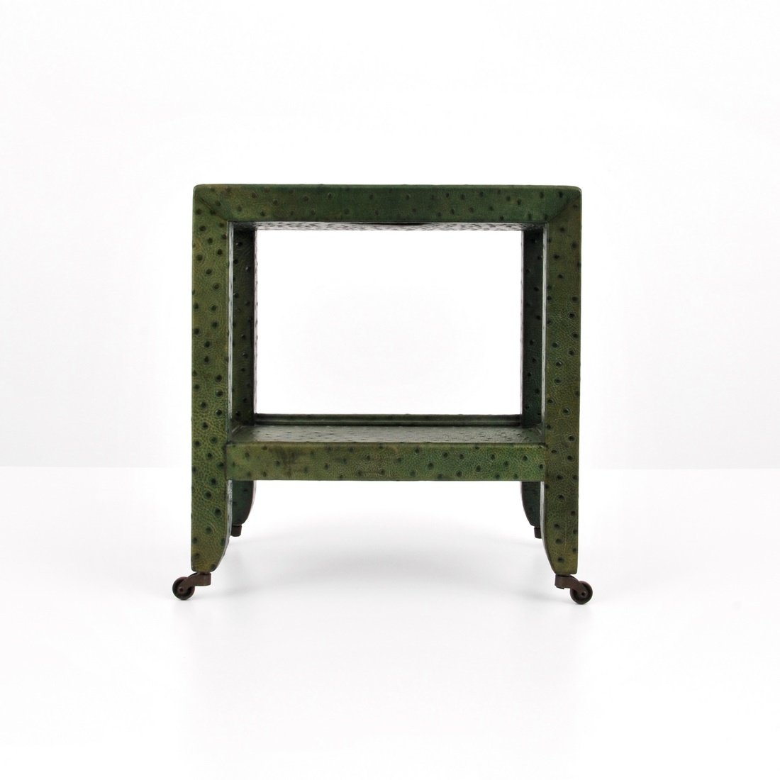 Karl Springer Cart/Stand: Designer & Manufacturer: Karl Springer; Karl Springer Ltd. Markings: none Country of Origin & Materials: USA; ostrich, other Additional Information & Circa: Ostrich skin 'Telephone Style Table' two-ti