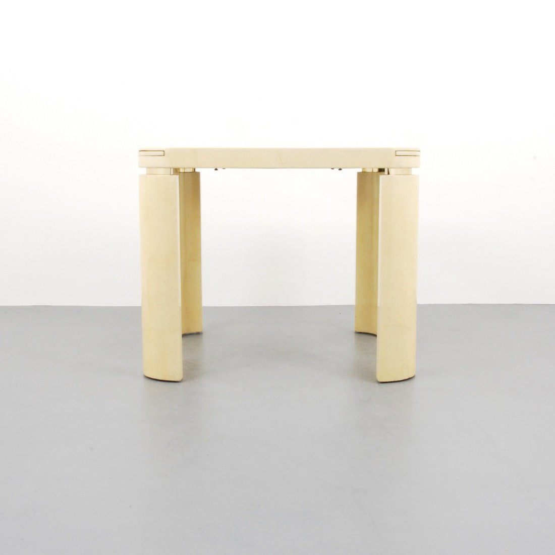 Goatskin Game Table, Manner of Karl Springer: Designer & Manufacturer: Karl Springer, Manner of; Jimeco Markings: marked Country of Origin & Materials: Colombia; goatskin, metal Additional Information & Circa: Goatskin game table with hidden drin