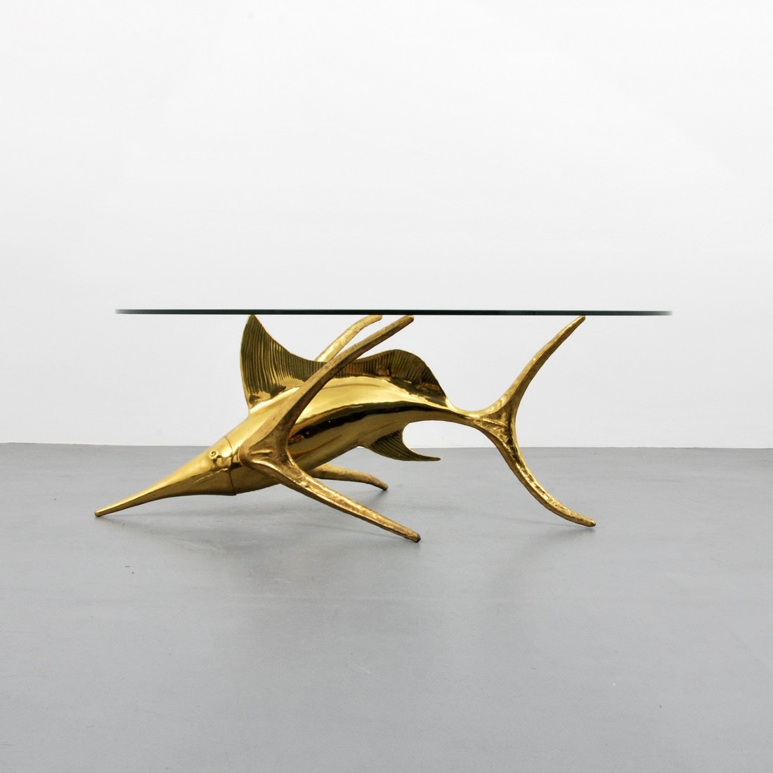 Alain Chervet Coffee Table: Designer & Manufacturer: Alain Chervet Markings: signed; 1993 Country of Origin & Materials: France; brass, glass Additional Information & Circa: Fish form cocktail table by French sculptor Alain Cher