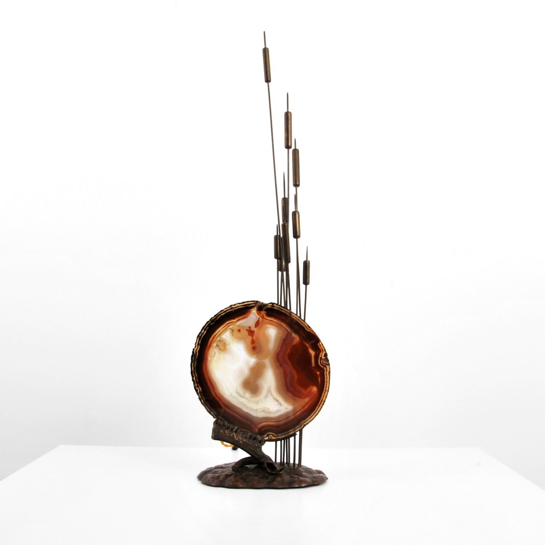 Bronze & Agate Lamp, Manner of Willy Daro: Designer & Manufacturer: Willy Daro, Manner of Markings: none Country of Origin & Materials: France; bronze, agate Additional Information & Circa: Bronze cattail form lamp with agate diffuser in the m