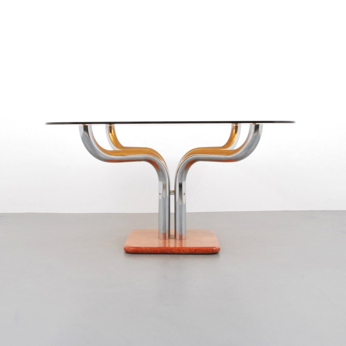 Guido Faleschini Dining Table: Designer & Manufacturer: Guido Faleschini; Pace Collection Markings: none Country of Origin & Materials: Italy; chromed metal, glass, marble Additional Information & Circa: Dining table with marble ba