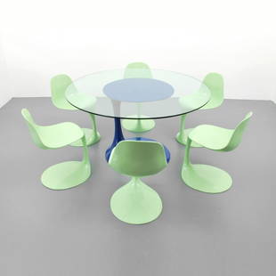 Rudi Bonzanini Dining Table & Chairs: Designer & Manufacturer: Rudi Bonzanini; L'Anbiente Markings: none Country of Origin & Materials: Italy; lacquered fiberglass, glass Additional Information & Circa: Dining table and six chairs by Rudi